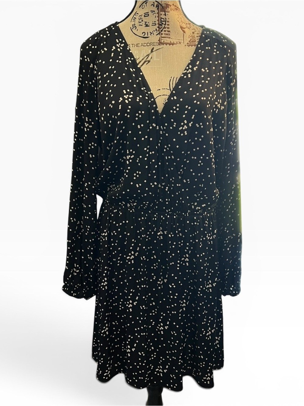 Gap White Black Leopard Long Sleeve V Neck Pleated Faux Wrap Aline Mini Dress L